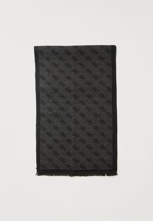 Правоъгълен тъмносив шал с черна граница и повтарящ се черен монограмен мотив, положен върху светъл фон.