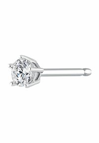 Pendiente de plata con un diseño de piedra clara tipo diamante en forma redonda, con un engaste de seis garras y un acabado suave en general.