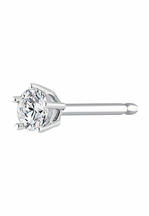 Pendiente de plata con un diseño de piedra clara tipo diamante en forma redonda, con un engaste de seis garras y un acabado suave en general.