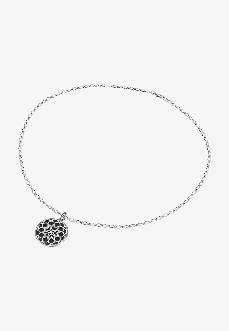 Silver chain necklace featuring a circular pendant with intricate geometric cutouts and a polished finish.