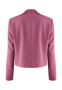 Veste courte en tissu texturé rose foncé. Dotée d'un col à revers classique et de manches longues. Silhouette propre et structurée.