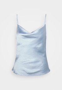 Sininen satiininen kamisaali, jossa on V-pääntie, ohuet hihnat ja sileä, kiiltävä rakenne. Ominaisuuksiin kuuluu rento istuvuus ja hienovarainen kiilto.