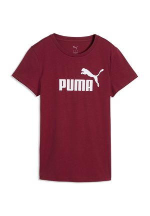 Bordowa koszulka z krótkim rękawem z białym logo Puma i grafiką skaczącej pumy na środku przodu.