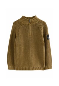 Strickpullover in senfgelb mit hohem Kragen und Viertelreißverschluss. Mit gerippten Bündchen und Saum, sowie einem Markenlabel auf dem linken Ärmel.