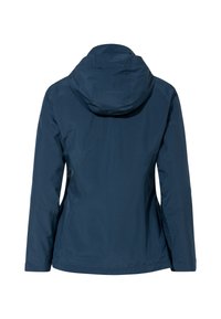 Giacca impermeabile blu navy con cappuccio, caratterizzata da una texture liscia e maniche lunghe. La vista posteriore mostra una silhouette aderente e un design minimale.