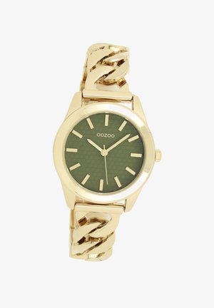 Montre en or avec un cadran vert texturé, des marqueurs d'heure contrastants et un bracelet en maillons entrelacés en or massif. Équipée d'une couronne pour le réglage de l'heure.