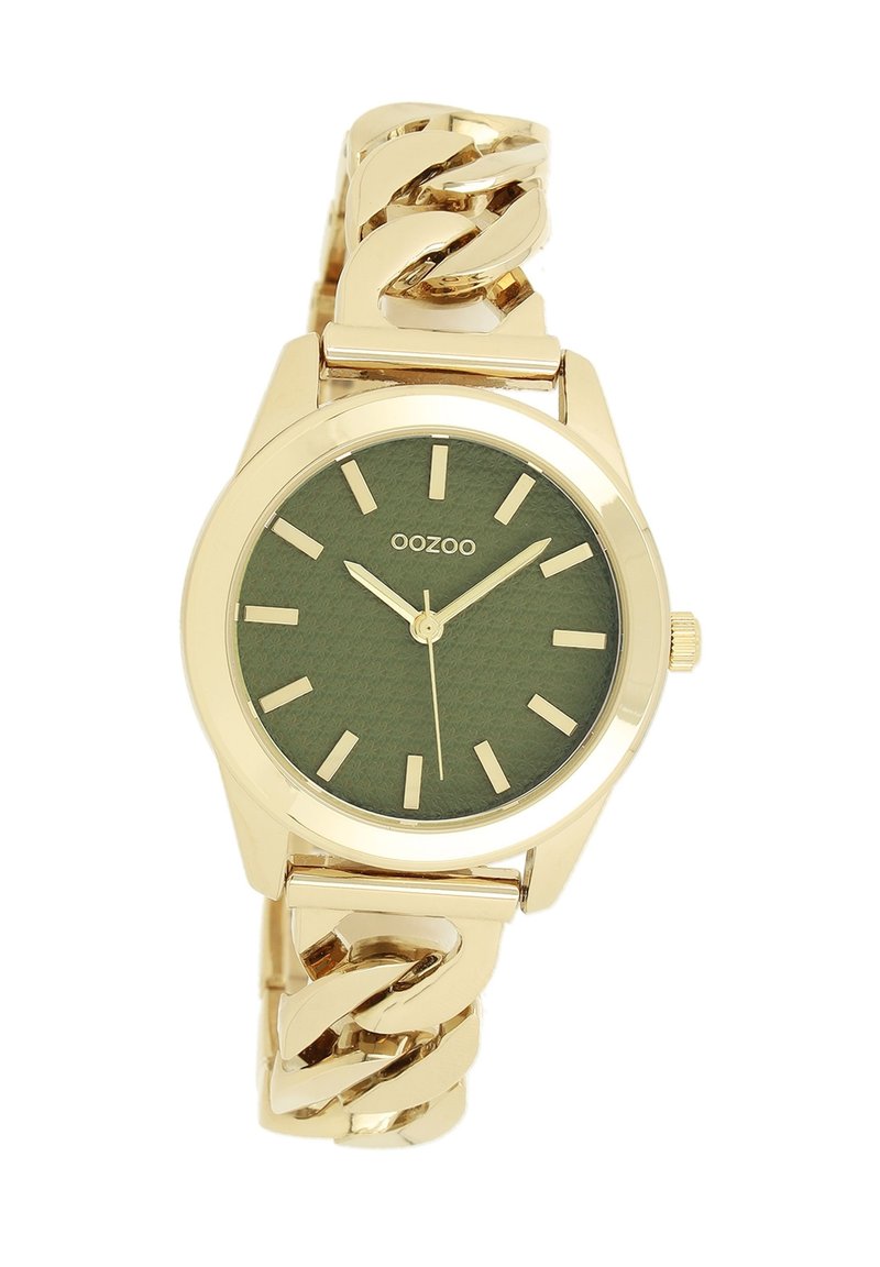 Montre en or avec un cadran vert texturé, des marqueurs d'heure contrastants et un bracelet en maillons entrelacés en or massif. Équipée d'une couronne pour le réglage de l'heure.
