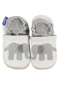 Witte leren babyschoenen met een grijs olifantenontwerp, voorzien van een zachte binnenvoering, gegolfde randen en textuuraccenten van grijze oren.