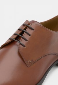 Chaussure habillée en cuir marron avec une finition lisse, dotée de lacets noirs et d'un design élégant et arrondi. Détail de couture notable sur la tige.