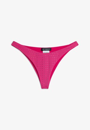 Pink bikini bottom with a smooth finish, featuring a diamond-studded pattern throughout and narrow side straps. Logo at the waist.