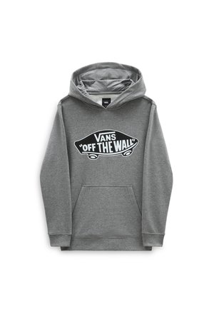 Sudadera con capucha gris y bolsillo frontal. Presenta un gran logo en blanco y negro "VANS OFF THE WALL". Textura suave similar a forro polar.