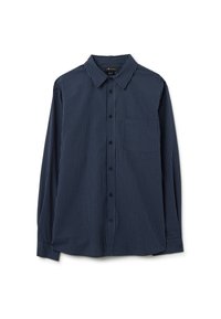 Camicia a maniche lunghe blu navy con motivo a quadri, dotata di un'apertura con bottoni, colletto e taschino sul petto. Realizzata in tessuto leggero.