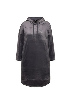 Vestito grigio in velluto con cappuccio e maniche lunghe, caratterizzato da un motivo sottile e dettagli con cordoncino, progettato per una vestibilità comoda e orlo arrotondato.