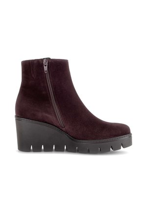 Dunkellila Wildleder-Stiefelette mit seitlichem Reißverschluss und klobiger schwarzer Keilsohle mit tiefem Profil für zusätzlichen Halt und Stil.