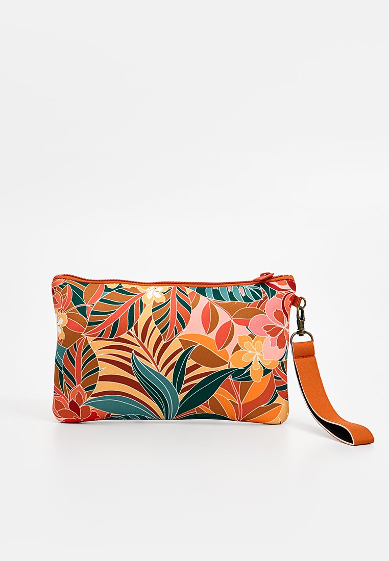 Blumenmuster-Täschchen in orange, grün und pinken Farbtönen. Mit einem Reißverschluss und einem orangefarbenen Handgelenkriemen für einfachen Transport. Glatte Textur.
