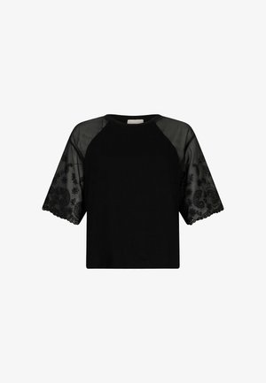 Fekete, rövid fazonú crop top, rövid, áttetsző fekete hímzett ujjal, amely paisley mintákkal és ívelt szegéllyel rendelkezik. Puha anyagból készült.