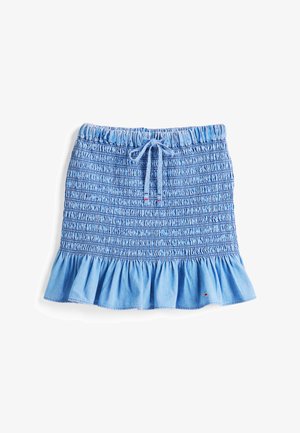 Blauwe denim rok met een smock ontwerp, elastische tailleband en een gerimpelde zoom. Voorzien van een trekkoord en een subtiele merklogo detail.