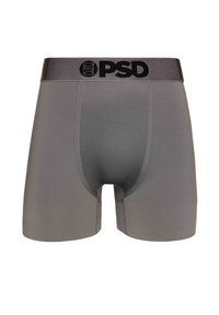 Boxer-briefs gris avec un panneau en maille respirante, arborant un logo PSD noir sur la ceinture, fabriqués en matériau extensible qui évacue l'humidité.