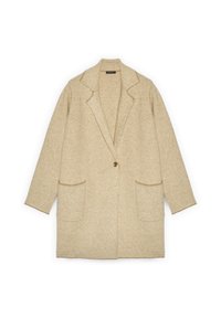 Beige kardiganový kabát vyrobený z texturované pleteniny, s klopovým límcem, jedním zapínáním na knoflík a dvěma předními nakládanými kapsami.