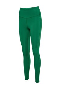 Zielone legginsy sportowe z wysokim stanem, wykonane z gładkiego, elastycznego materiału, z subtelnymi detalami szwów i dopasowanym krojem.