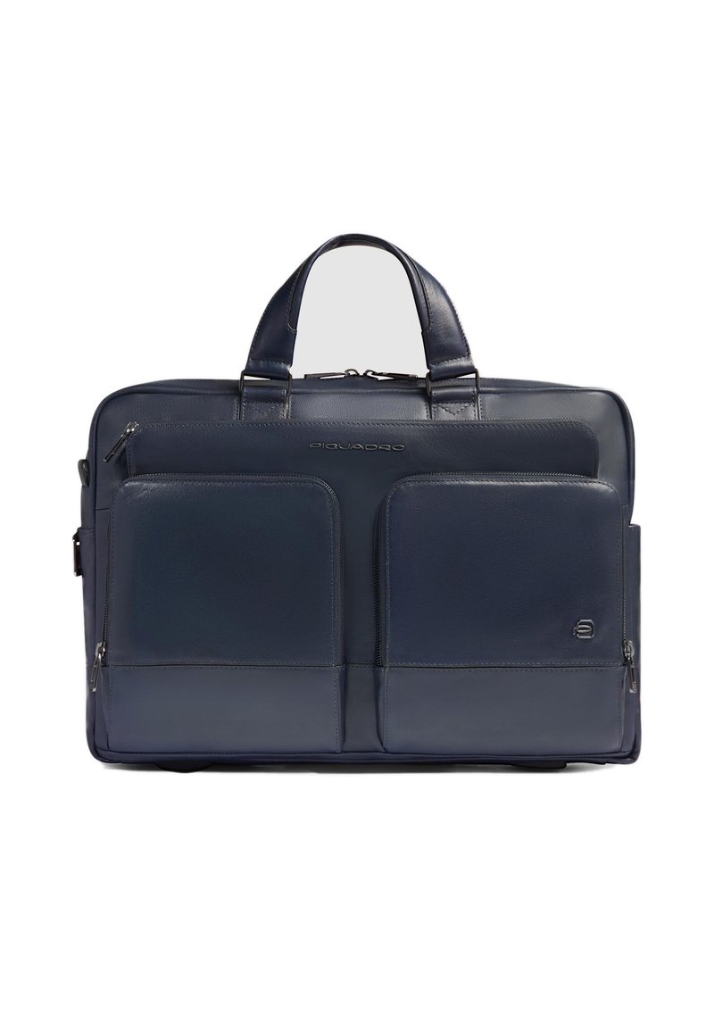 Borsa per laptop in pelle blu scuro con due tasche frontali con cerniera, manici superiori e un design rettangolare elegante. Presenta dettagli discreti con il logo.