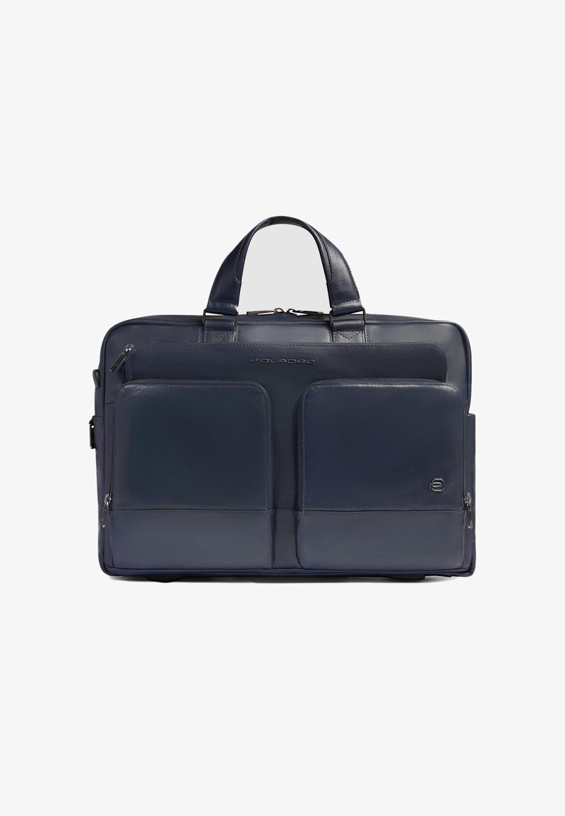 Borsa per laptop in pelle blu scuro con due tasche frontali con cerniera, manici superiori e un design rettangolare elegante. Presenta dettagli discreti con il logo.