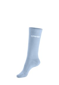 Helle blaue Baumwollsocke mit geripptem Design, verfügt über eine einfarbige Oberfläche und weißen Logotext am oberen Rand. Die Zehen- und Fersenbereiche sind nahtlos.