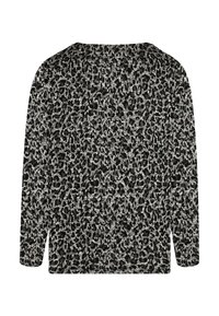 Schwarz-weißes Langarmoberteil mit strukturiertem Leopardenmuster, Rundhalsausschnitt und seitlichen Schlitzen am Saum.