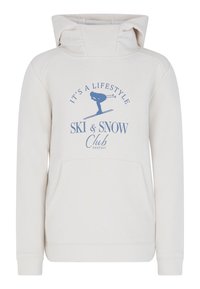 Felpa bianca in morbido tessuto, con tasca a marsupio frontale e una grande stampa grafica blu con la scritta "Ski & Snow Club".