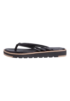 Sort flip-flop sandal med tynde stropper, flad sål, tekstureret overflade og en lys brun accent ved bunden. Har en kontureret fodseng.