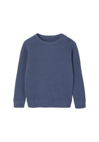 Blauer, gerippter Strickpullover für Babys mit langen Ärmeln, runder Halslinie und zwei Knöpfen an der linken Schulter.