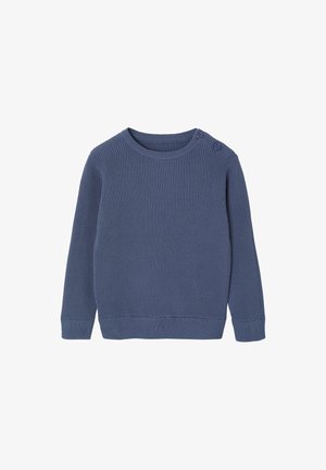 Blauer, gerippter Strickpullover für Babys mit langen Ärmeln, runder Halslinie und zwei Knöpfen an der linken Schulter.