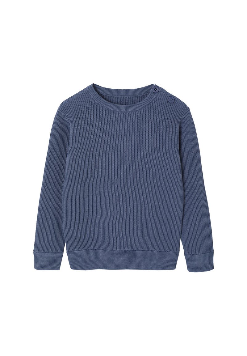 Blauer, gerippter Strickpullover für Babys mit langen Ärmeln, runder Halslinie und zwei Knöpfen an der linken Schulter.