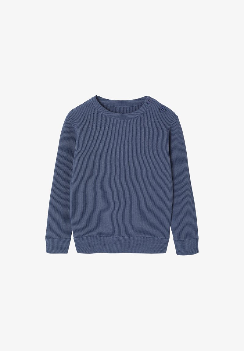 Blauer, gerippter Strickpullover für Babys mit langen Ärmeln, runder Halslinie und zwei Knöpfen an der linken Schulter.