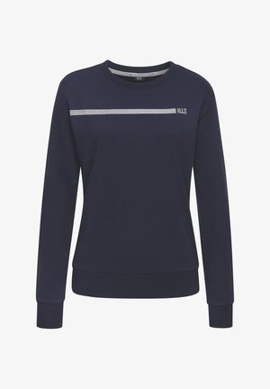 Dunkelblaue Sweatshirt mit langen Ärmeln, rundem Halsausschnitt, weißen horizontalen Streifen über der Brust und Rippbündchen an den Ärmeln sowie am Saum.