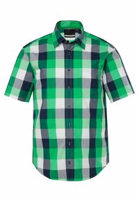 Camisa de manga corta abotonada en un patrón de cuadros en verde, marino, blanco y gris. Presenta un bolsillo en el pecho y un dobladillo recto. Tejido de algodón.