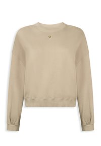 Sweat-shirt beige avec un col rond, des manches longues, des poignets et un ourlet côtelés. Présente un petit accent doré près du col. Texture douce.