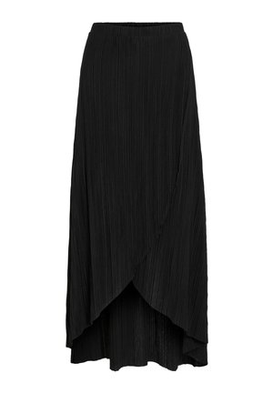 Jupe midi plissée noire avec devant à effet portefeuille et taille élastique, ourlet arrière légèrement plus long.