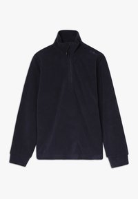 Sudadera de forro polar azul marino con cuello alto y cierre de media cremallera. Cuenta con mangas largas y una textura suave. Marca sutil en el hombro.