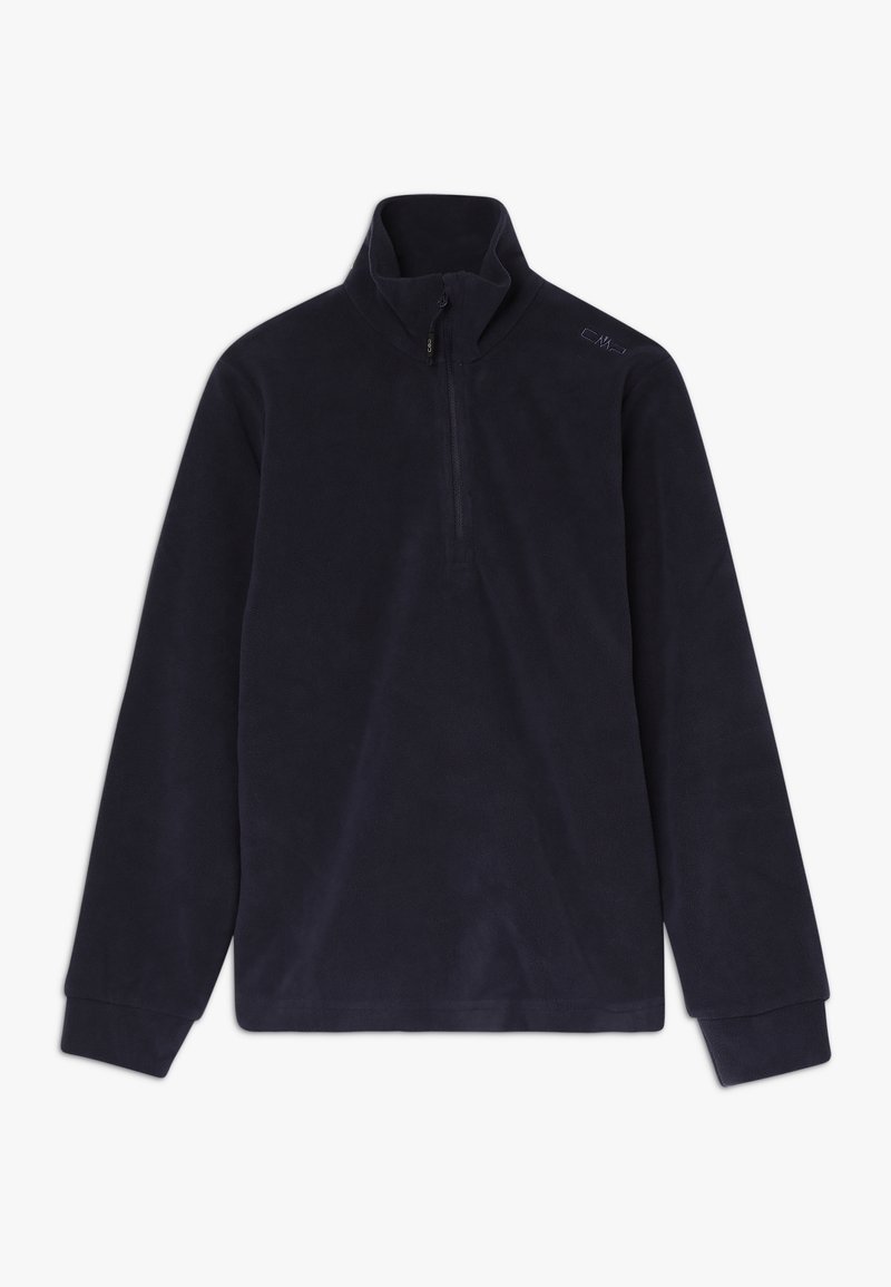 Sudadera de forro polar azul marino con cuello alto y cierre de media cremallera. Cuenta con mangas largas y una textura suave. Marca sutil en el hombro.