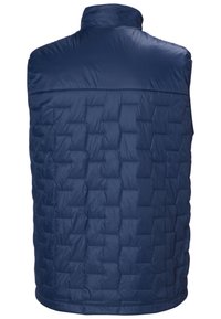 Chaleco acolchado azul marino con un cuello alto, que presenta un patrón acolchado y una textura suave. El dobladillo y las sisas son redondeados.
