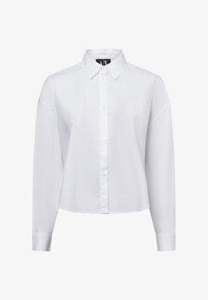 Balti marškiniai su apykakle, ilgomis rankovėmis, su sagomis ir laisvo kirpimo. Pagaminti iš lygios medžiagos su subtilia tekstūra.