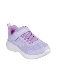 Purple athletic shoe with mesh upper, adjustable strap, and laces. Textured surface with white sole and logo detail on the side.