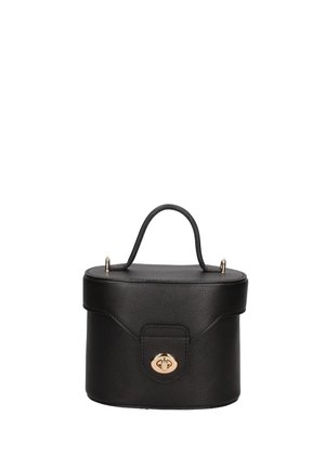 Sac à main en cuir noir texturé avec une forme rectangulaire arrondie, une poignée supérieure et un fermoir à torsion doré sur le rabat avant.