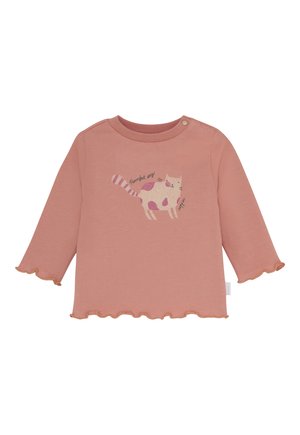 Langärmliges, staubrosa T-Shirt für Kleinkinder mit Rüschensaum und einer lächelnden Katzenillustration, die auf der Vorderseite mit "Purrfect day" beschriftet ist.