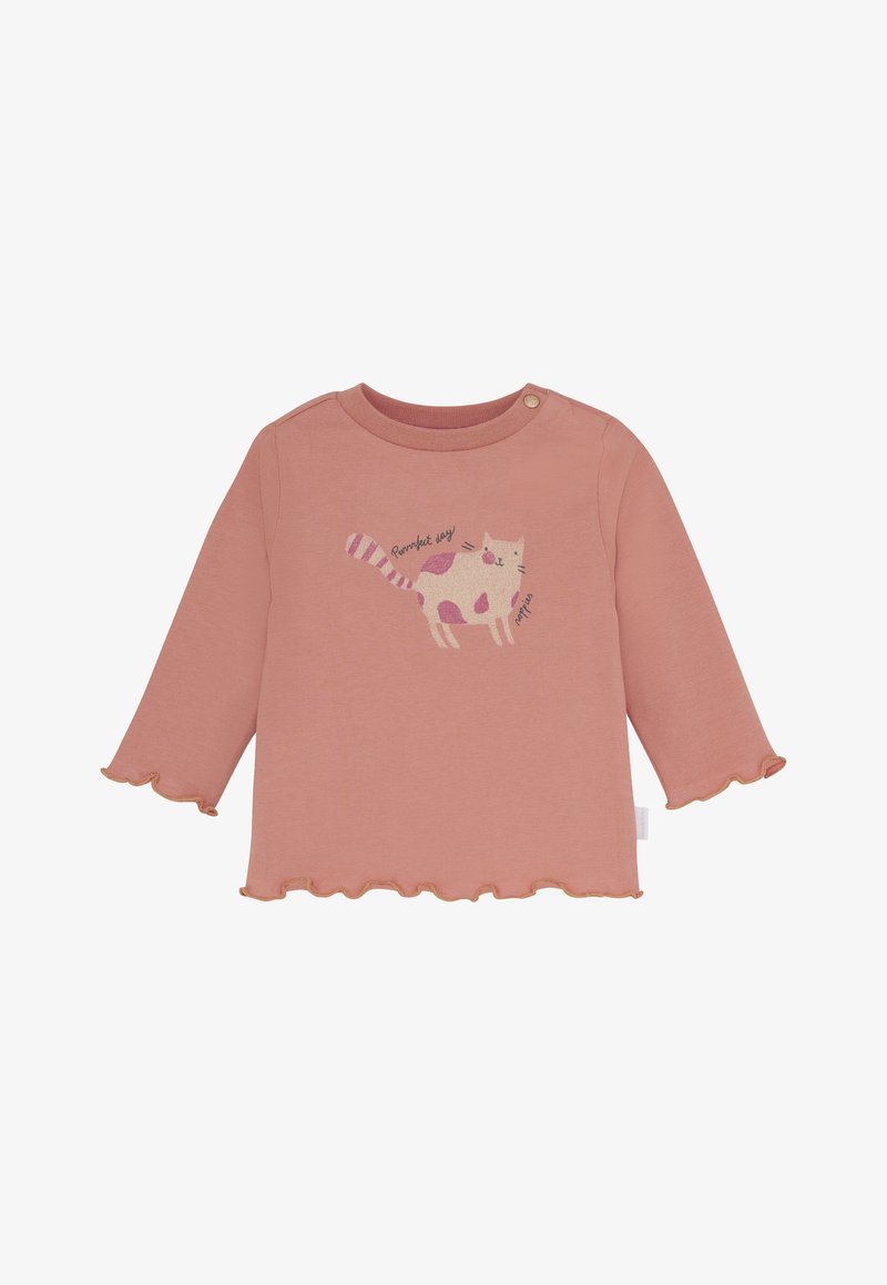 Langärmliges, staubrosa T-Shirt für Kleinkinder mit Rüschensaum und einer lächelnden Katzenillustration, die auf der Vorderseite mit "Purrfect day" beschriftet ist.