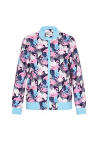 Bomberjack met bloemendessin, voorzien van een marineblauwe achtergrond, roze flamingo's en lichtblauwe accenten. Gemaakt van lichtgewicht stof met ribgebreide manchetten.