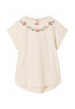 Short-sleeve cream top with floral embroidery in pink, blue, and green at the neckline; casual loose fit and curved hem design.