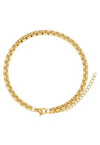 Gouden ketting met schakels die in elkaar grijpen, een gepolijste afwerking en een karabijnsluiting met een verstelbare verlengkettinkje.
