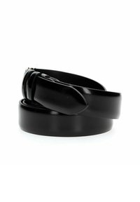 Cintura in pelle nera con finitura lucida, caratterizzata da una texture liscia e un design della fibbia elegante e arrotondato. Arrotolata con eleganza.